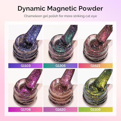 Image of MelodySusie Chameleon Cat Eye Gel Nail Polish Set 6 PCS, 15ml 0.5 Fl Oz Nude Pink Silver Glitter Holographic Magnetic Nail Polish with Magnet, UV Nail Polish for Nail Art Manicure Salon DIY at Home