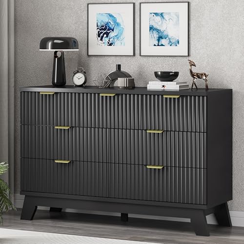 Image of Xixini Fluted Dresser for Bedroom with 7 Drawers, 48 inch Wide Chest of Drawers with Metal Handle, Modern Wood Dresser TV Stand, Wooden Closet Clothes Storage Organizer for Living Room, Hallway, Black