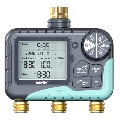 RAINPOINT 3 Zone Water Timer with Brass Inlet & Outlet 3 Custom Watering Plans Sprinkler Timer Featuring IP65 Waterproof Rain Delay Manual & Automatic Watering with Large LCD for Yard 2026 Ver.