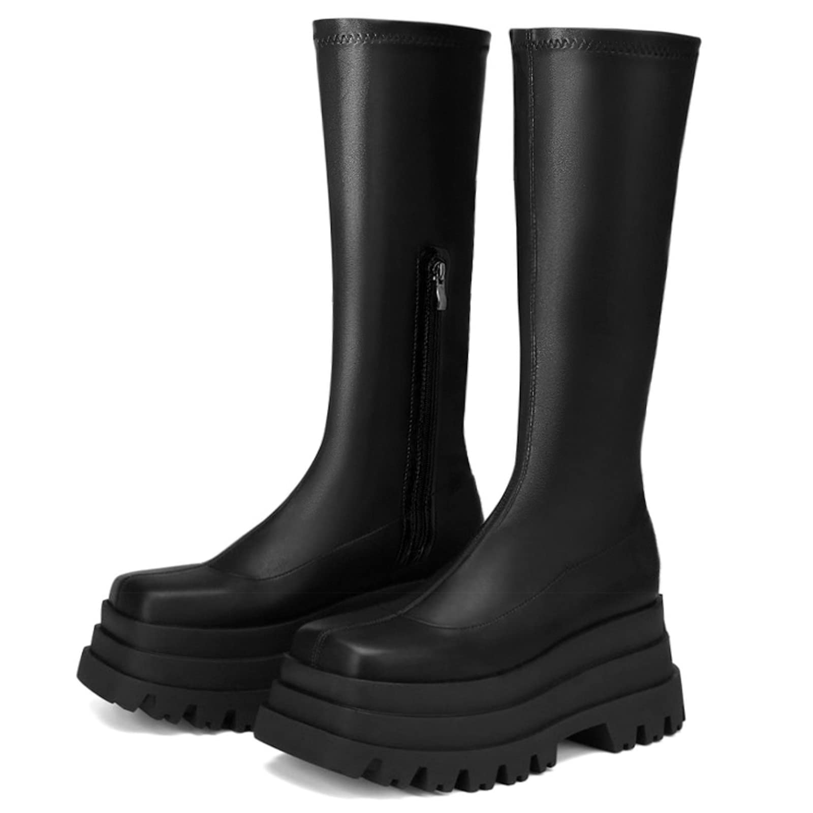 CYNLLIO Black Platform Boots for Women Pull-on Super Stretch Boots Square Toe Mid Calf Boots Cosplay Dress Knight Goth Knee High Boots