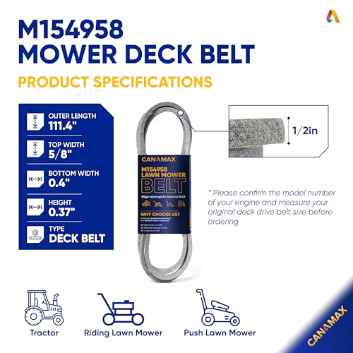 Image of 【Upgraded 2026】 M154958 Mower Deck Belt by Canamax - for 48 Inch Decks John Deere GT235 X300 345 X320 325 GT275 | Aramid Cord | 111.4 inch x 5 /8 inch