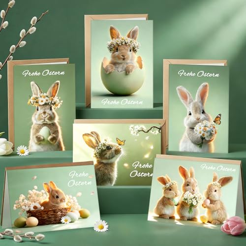 GluckGeschenk 12er Osterkarten mit Umschlag Frohe Ostern Aufklappbare Osterkarte mit Osterhasen & Ostereiern Design für Familie Freunde & Kollegen