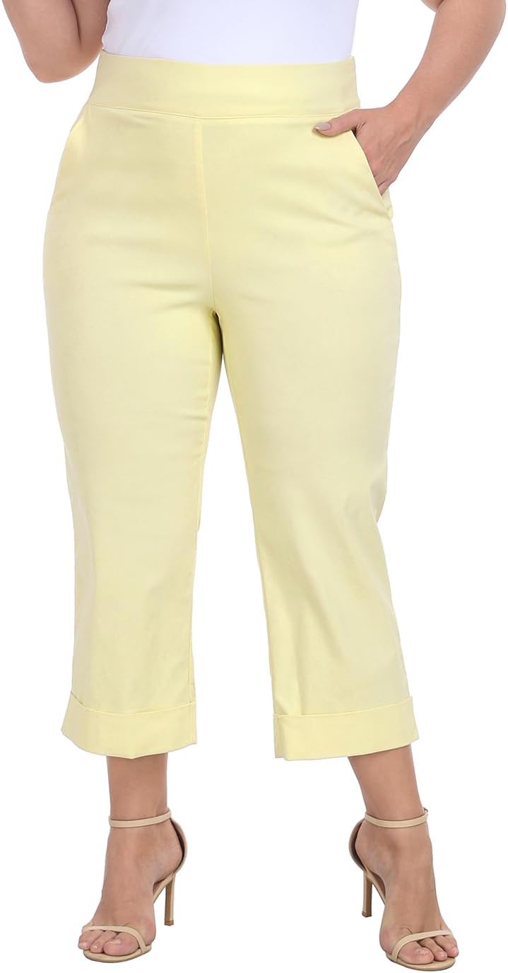 HDE Plus Size Pull On Capri Pants for Women with Pockets Elastic Waist Commuter Travel Casual Work Cropped Pants with Cuff