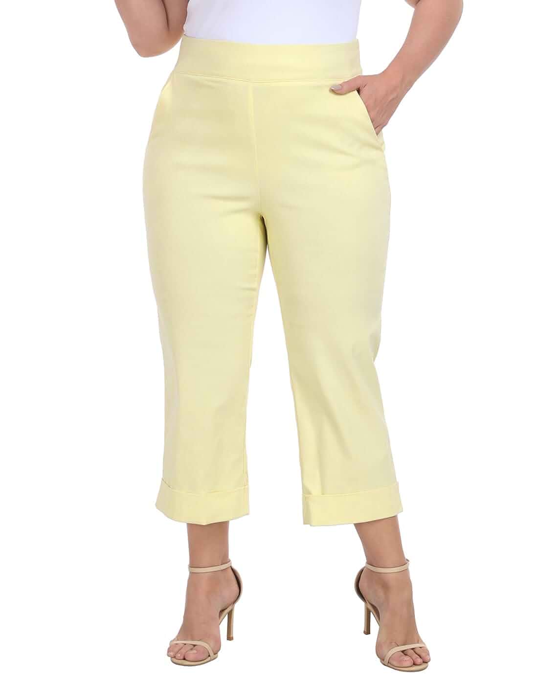 HDE Women's Plus Size Pull On Capri Elastic Waist Cropped Pant with Cuff Dressy Office Capris, Comfortable Pull On Waist, Wear to Work, Tailored Fit, 22.75" Inseam, Stretchy Cropped Summer Pant