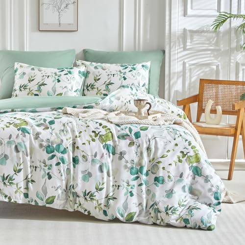 Image of Lekesky Duvet Cover King Size, Reversible Botanical Floral Duvet Cover Set with Zipper Closure, 3 Pieces Soft Microfiber Green Bedding Set (1Duvet Cover 104 inchx90 inch, 2 Pillowcases 20 inchx36 inch)