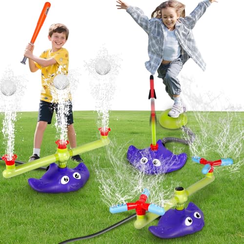 CWLAKON Juguete Acuático 4 en 1 para Niños - Lanzador Béisbol, Cohetes, 2 Aspersores 360° - Juegos Exterior Verano Jardín/Piscina Diversión para Niños y Niñas