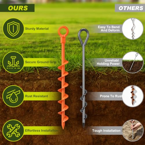 Image of Eurmax USA 4-Pack Screw in Ground Anchors,Detachable Spiral Tent Stakes,Heavy Duty Rust Proof Metal Trampoline Anchors with Drill Bit Adapter&T-Handle Tool for Canopy,Tent,Trampoline,Swing Set(Orange)