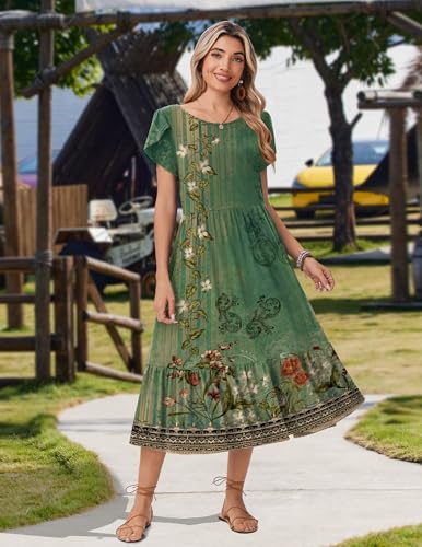 Image of Zeagoo Women Summer Midi A Line Dress Short Sleeve Casual Flowy Tiered Beach Long Sundress with Pockets 2026 Vacation Travel