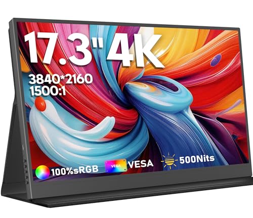Zidreke 17.3 Portable Monitor 4K 3840x2160 UHD USB-C HDMI Laptop Display 100% Adobe RGB IPS Computer Gaming HDR Second Screen Extender Monitor With Speakers & Smart Cover for Xbox PS5 Switch PC
