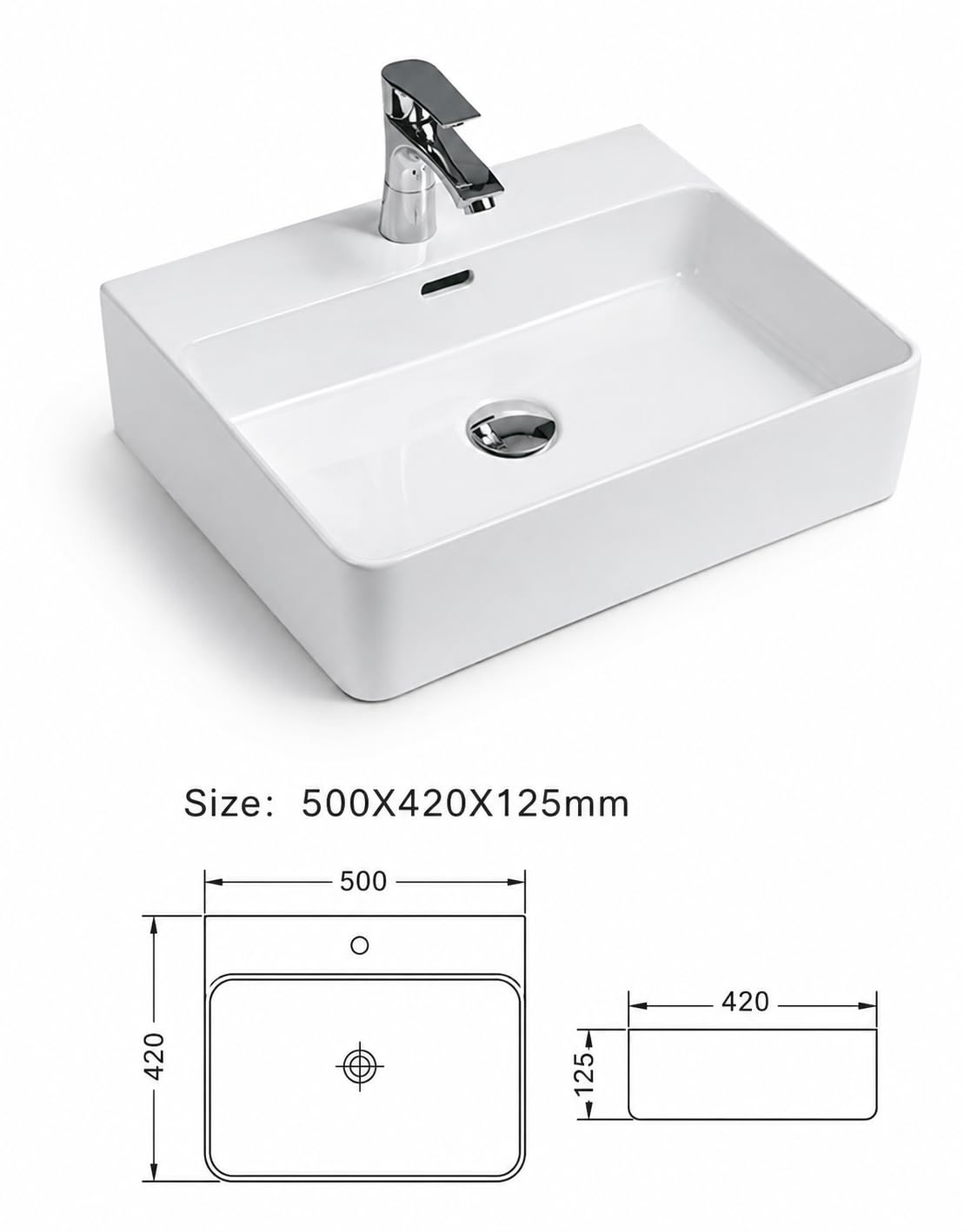 Lavabo carré en céramique de qualité supérieure moderne et élégant grâce au bord fin 50 x 42 cm - Lavabo suspendu au mur