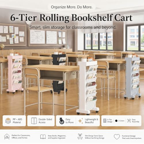 Image of BYFU Plastic 6-Tiered Shelf Rolling Bookshelf, Multi-Functional Storage Rolling File Cart with Lockable Casters for Office Tabletop, Floor Standing Kitchen Classroom Organization and Storage, White
