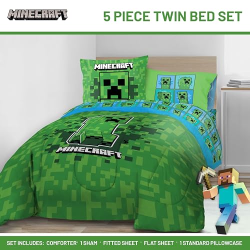 Image of Jay Franco Minecraft Creeper Twin Comforter Set - 5 Piece Kids Bedding Bed in a Bag with Comforter, Sheets & Pillow Covers, Super Soft Machine Washable Microfiber, Green (Official Minecraft Product)