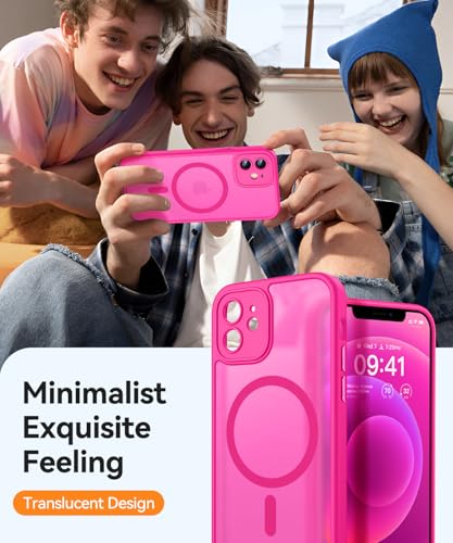 Image of CANSHN Magnetic Compatible with iPhone 12 Case, Upgraded [Full Camera Protection] [Compatible with Magsafe] [Translucent Matte] Shockproof Protective Phone Case Cover 6.1 Inch - Hot Pink
