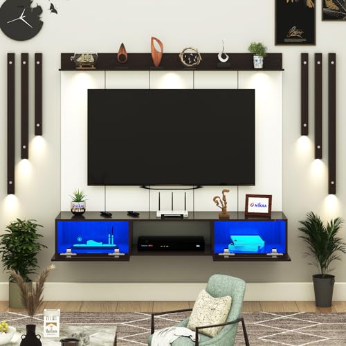 Image of Anikaa OriloPro Engineered Wood Wall Mount TV Unit with PVC Back Panel, Acrylic Blue LED Storage Box, Side Wooden Accent Spot Light Panels I Deal for Up to 50 Inch TV (Wenge - DIY Installation)