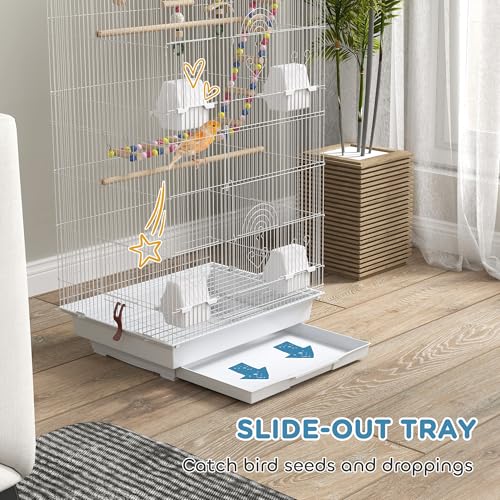 PawHut Bird Cage for Budgies, Finches, Canaries w/Accessories, Toys, Tray, Handle, 46 x 36 x 100cm -White - Image 4