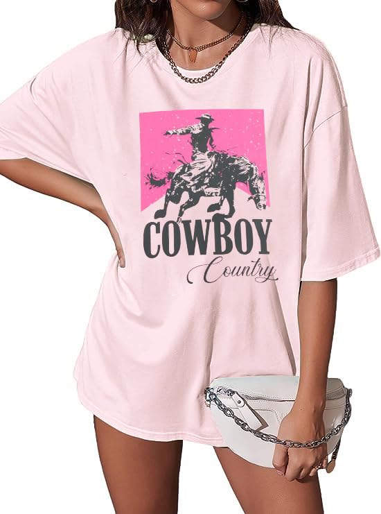 MYHALFCowgirl Shirt Women Oversized Western Country Music Shirts Rodeo Graphic Tees Tops Casual Vacation Crew Neck Pullover