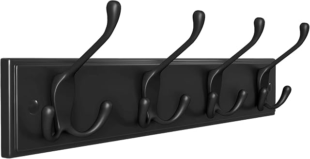 SONGMICS Coat Rack, Wall-Mounted Coat Hook, with 4 Triple Metal Hooks, for Bags, Coats, Keys, in The Hallway, Living Room, Bedroom, Black LHR030B01