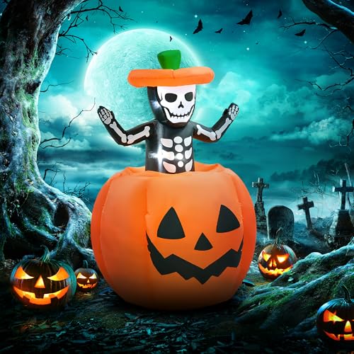 150 cm Aufblasbarer Halloween Kürbis mit Skelett – Gruselige Deko für drinnen & draußen mit LED-Lichtern und wetterfestem Design! – Bild 3