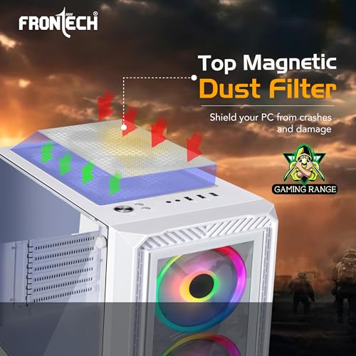 Image of Frontech Phantom Gaming Computer Cabinet | Mid-Tower PC Case | Tempered Glass Front & Side Panel | 3 Pre-Installed RGB Fans | USB 3.0 (FT-4344, White)
