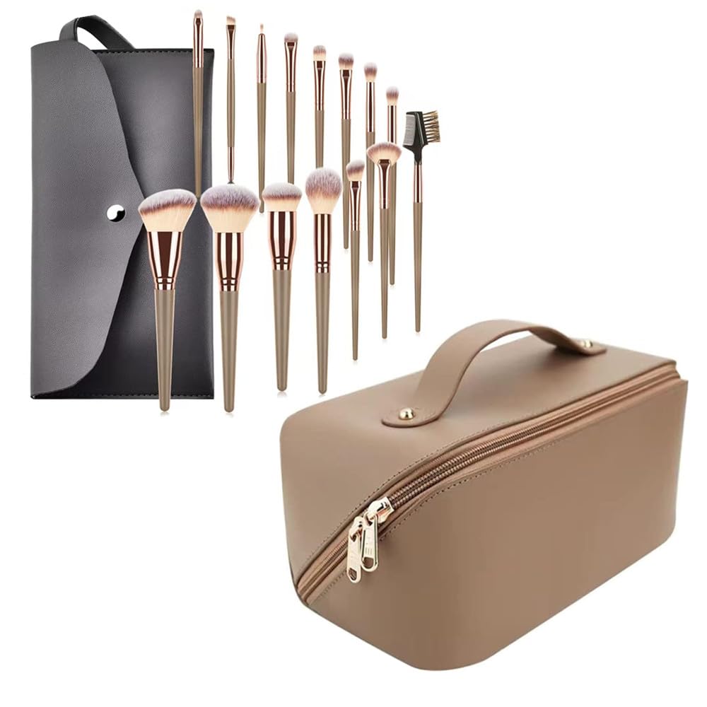 WVLIROD Makeup Brushes Set 15pcs Cosmetic Brush Kit & Waterproof Travel Make Up Bag | Portable Vanity Organizer for Travel