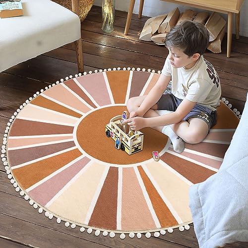 Topotdor Boho Round Area Rug 4Ft Sun Rainbow Nursery Rugs For Kids Room, Washable Ultra Soft Circle Area Rug With Pom Poms thumb #2