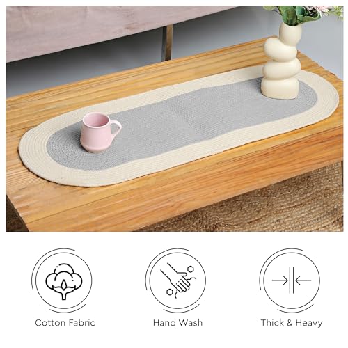 Image of Encasa XO Table Runner for 4 Seater | Handmade Ribbed Style Cotton | 30x91 cm | Light Grey & Off White | for Dining & Center Table