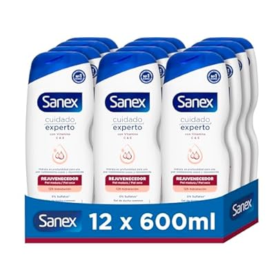Gel de Ducha Sanex Cuidado Experto Rejuvenecedor Pack 12 x 600 ml | Para pieles maduras | Hidrata en profundidad | Dermatológicamente testado | Con vitamina C & E