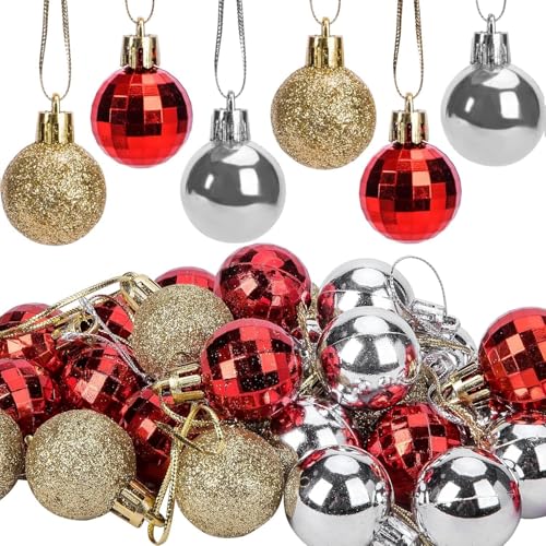 12 Pièces Mini Boules de Noël 3cm Rouge, Or et Argent Boule de Noel Brillante avec Ficelle pour Sapin de Noël, Couronne, Décoration de Table