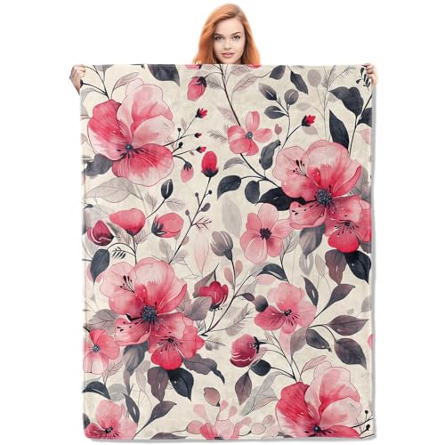 Vanzev Pink Floral Throw Blanket Gifts, Soft Cozy Fleece Blanket with Elegant Flower Print, Lightweight Warm Blanket for Couch Bed Sofa, Perfect for Spring Decor and Flower Lovers, 50x60 in