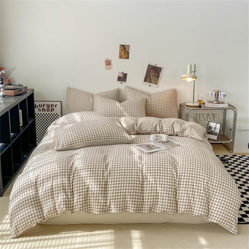 Nayoroom Gingham Duvet Cover Queen Size Brown Tan Plaid Checkered Comforter Cover Grid Farmhouse Bedding Set 3 Pcs Soft Breathable Washed Microfiber Gifts for Women Men