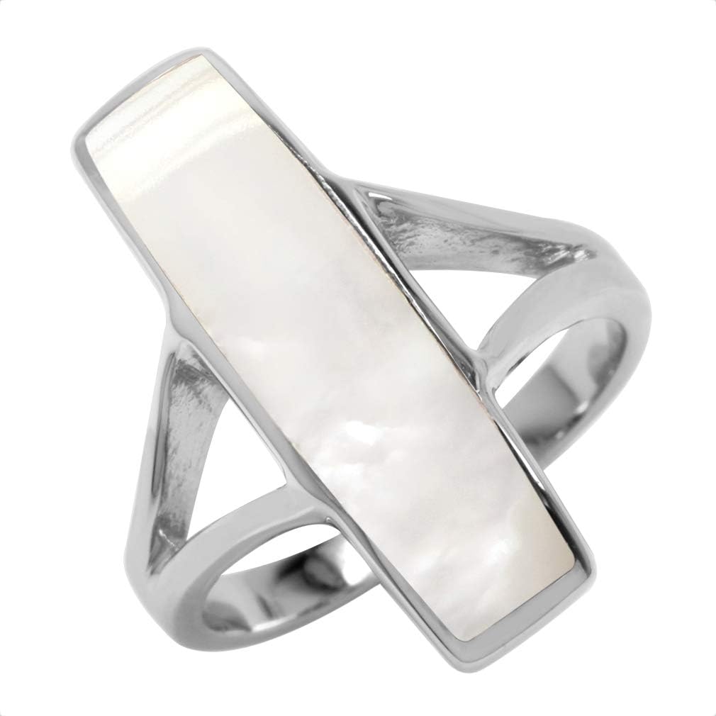 Silvershake Long Bar Linear Inlay White Gold Plated or Yellow Gold Plated 925 Sterling Silver Modern Style Ring Jewelry for Women