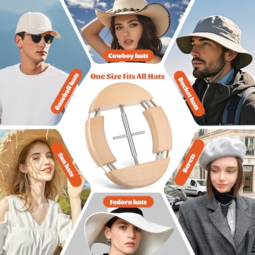 Image of 4 Way Hat Stretcher, Wooden Hat Stretcher for Fitted Hats, Stretched Length 7.1'' to 9'', Width 5.7'' to 7.1'', Heavy Duty of Extender Soft Black Handle for All Kinds of Hats