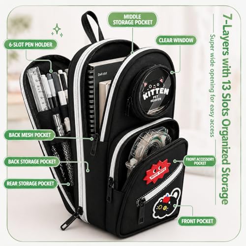 Image of WORSHIPER Cute Backpack Style Pencil Case with Visible Display Window, Multi-Layer Large Capacity Stationery Organizer for Kids & Students (Kitten-Black Pouch)