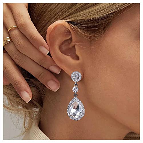 Allereya Pendientes gota cristal lágrima vintage pendientes tuerca diamantes imitación brillantes pendientes colgantes plata circonita cúbica pendientes novia joyería para mujeres y niñas (plata)