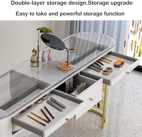 Professional Manicure Table with Storage Drawers, Open Shelves, Glass Top & Wooden Desktop, Ideal for Nail Salons & Home Offices - Stylish & Functional Work Station,Tempered Glass Desktop,100*40*78cm
