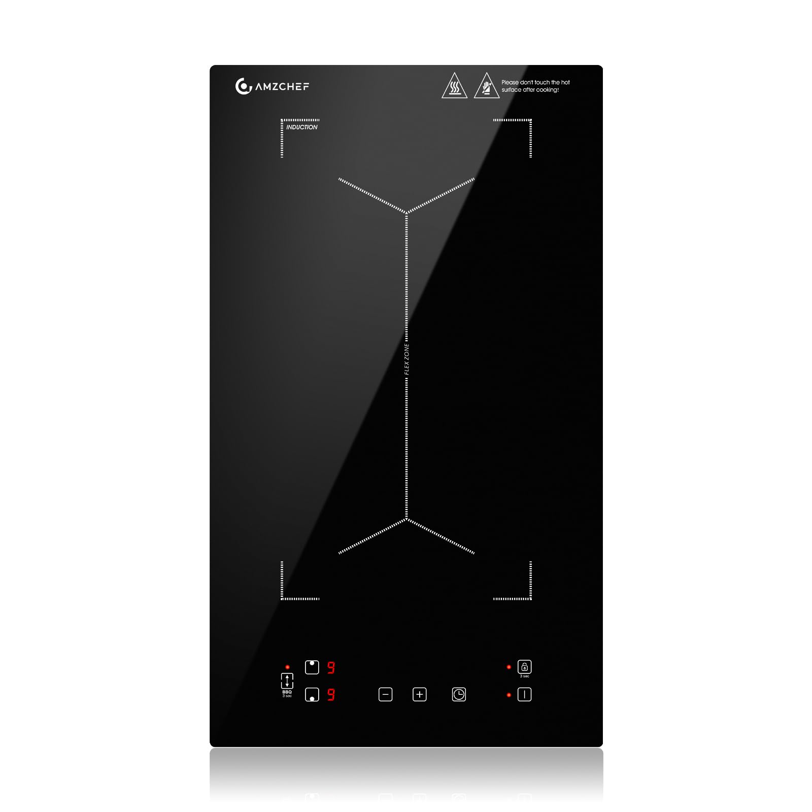 AMZCHEF Piastra a Induzione 2 Fuochi, Piano Cottura Induzione con Flex zone con 9 Livelli di Potenza, Riscaldamento Intermittente, Serrature di sicurezza e timer,Controllo Touch Slide,3300W,Nero