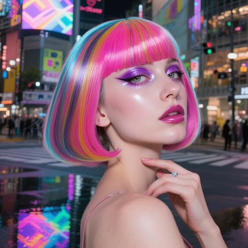 Image of ANOGOL Hair Cap + (Sunglasses) Rainbow Wig Blue Pink Bob Wig with Bangs Womens Party Wigs with Sunglasses Short Neon Wig Daily Party Fun Wigs Women Halloween Costume Pride Day Bachelorette Hair