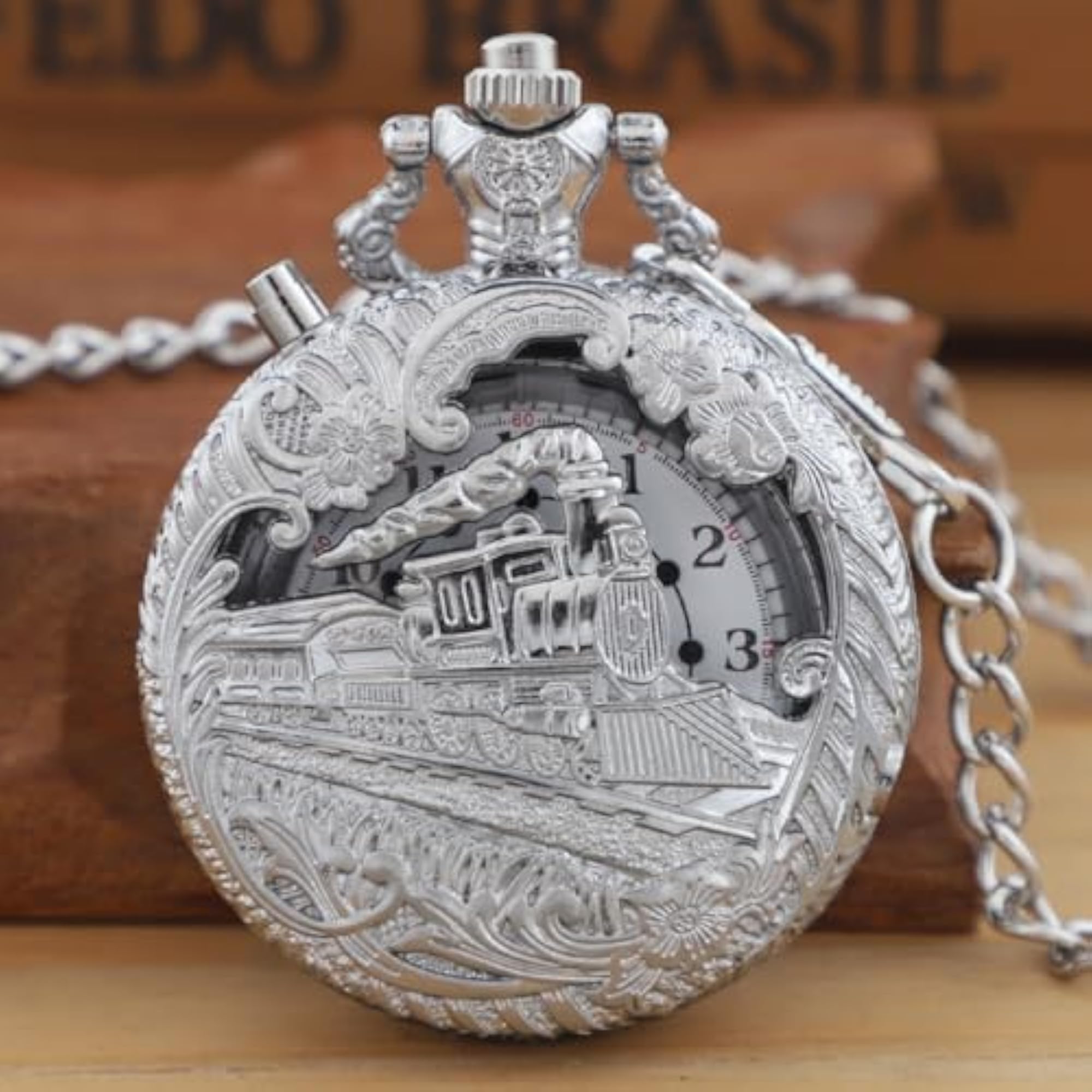 LED Hollowed Silver Locomotive Quartz Pocket Watch with Chain, Gift for Him