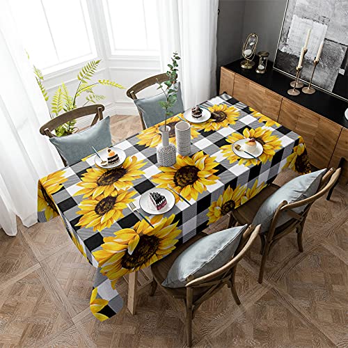 Tablecloth Rectangle/Oval Farm Sunflower On Black White Buffalo Plaid Table Cloth Outdoor Waterproof Tablecloths For Party Picnic Indoor Table Cover For Dining/Kitchen Home Decoration 60X84In #TOP3