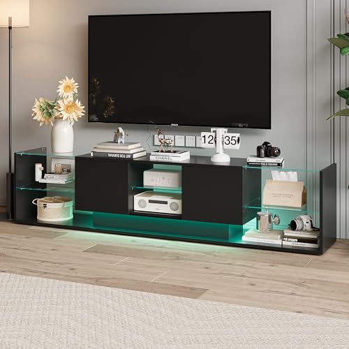 JiaOyu Mueble de TV con luces LED para televisores de hasta 85 pulgadas, moderno y brillante, con espacio de almacenamiento y estantes de cristal abiertos, para salón, dormitorio, color negro - imagen 7