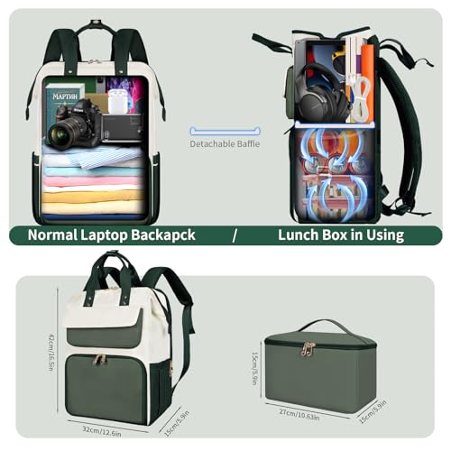 Image of BERTASCHE Lunch Backpack for Women, 17.3 Inch Laptop Backpack with Insulated Cooler Lunch box, Nurse Backpack for Teacher Work Travel College Picnic,Green-Beige