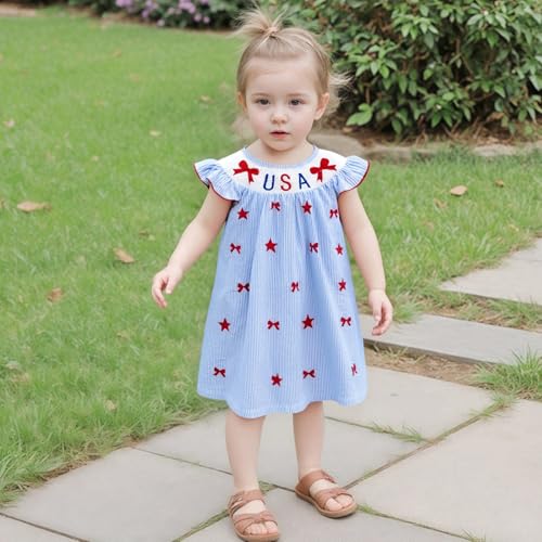 Toddler Baby Girl 4th of July Smocked Dress USA Bow Embroidered Sleeveless Dresses Kids Fourth of July Clothes3