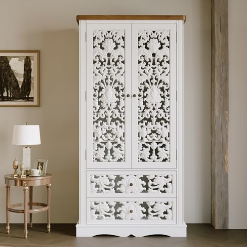 Image of 66.1 inch Tall Storage Display Cabinet, Handmade Hollow Carved Cabinet, Vintage Accent Storage Sideboard with 2 Drawers & 5-Tier Shelves for Living Room, White