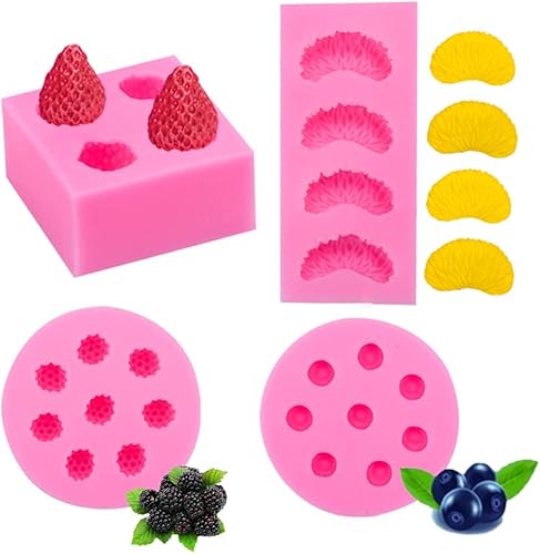 Cestony 4 moldes de silicona en forma de mini frutas 3D fresa, naranja, frambuesa, arándano, para bricolaje, pastel, fondant, galletas, jabón, pudín