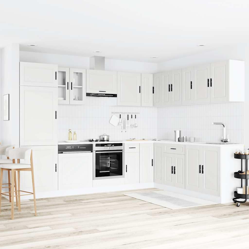 Set Mobili da Cucina 14 Pezzi Porto Bianco in Legno Multistrato | Soluzione componibile salvaspazio per cucina con piedini regolabili e ampi scomparti interni