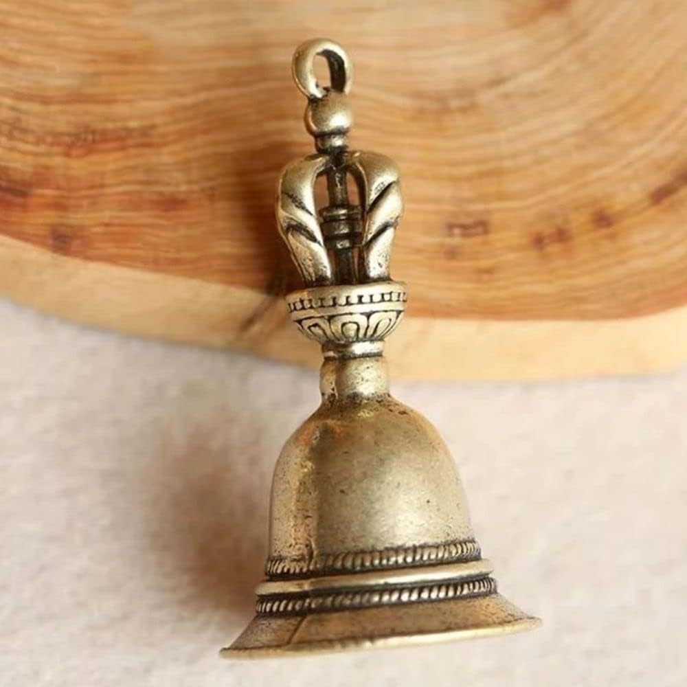 Vintage Copper Tibetan Bell Wind Chimes, Solid Brass Demon Subduing Hand Bell, Bronze Metal Ornament for Home Decor and Car Pendant, 4.7cm x 2.5cm
