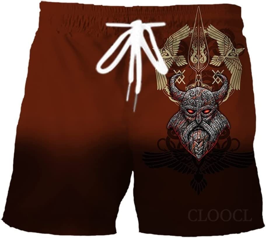 Viking Swimming Trunks Norse Myth Style Athletic Shorts With Pockets Casual Summer Beach Shorts 3D Print Board Shorts