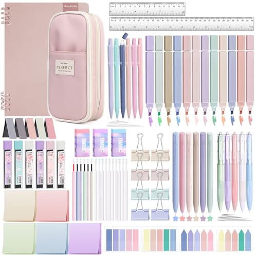 YIBONIKA 80 PCS Aesthetic Stationery Supplies with Pink Pencil Case & Notebook 12 Pastel Highlighters 6 Colour Pens 5 Black Pens 6 Mechanical Pencils Stationery Set for School Office