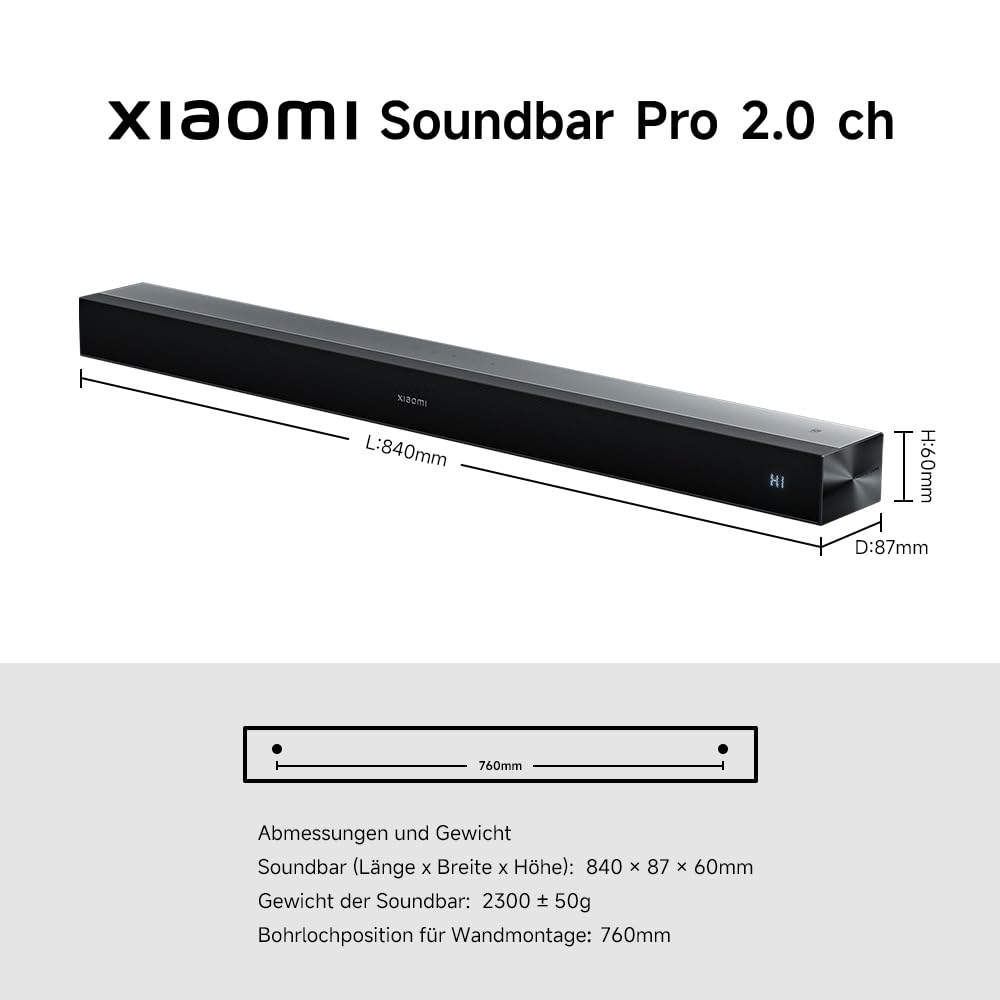 XIAOMI Soundbar Pro 2.0, TV-Soundbar mit 4 Lautsprechern, satter Bass mit integriertem Woofer, 2.0-Kanal, unterstützt Dolby Audio™, HDMI ARC/Optisch/Bluetooth, Fernbedienung