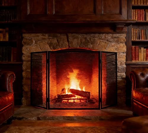 Kingson Extra breites gewölbtes 3-teiliges Feuerschutzgitter - Schwarz Schmiedeeisen Funkenschutz für Kamin - Faltbarer Gitter-Feuerschutz - 102 x 54 cm - Hitzebeständig, Kinder- & Haustiersicher